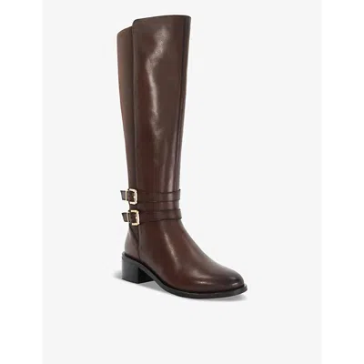 Dune Womens Brown Leather Tatter Double-buckle Flat Leather Knee-high Boots In Brown Leather