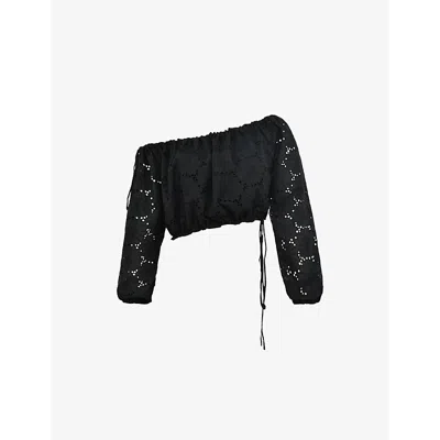 Mistress Rocks Womens Black Broderie Off-shoulder Cropped Cotton Top In Black