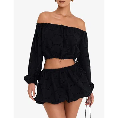 Mistress Rocks Womens Black Broderie Off-shoulder Cropped Cotton Top In Black