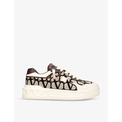 Valentino Garavani One Stud Xl Low-top Trainer In Nappa Leather And Toile Iconographe Fabric In Beige