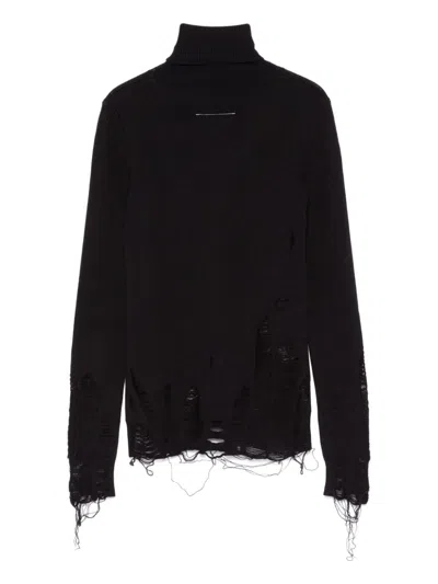 Mm6 Maison Margiela Ripped Virgin Wool Blend Turtleneck Sweater In Black