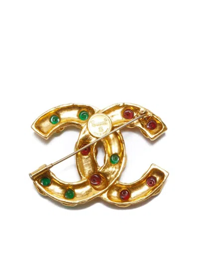 Pre-owned Chanel 1980s Stone-embellished Cc Brooch In Gold
