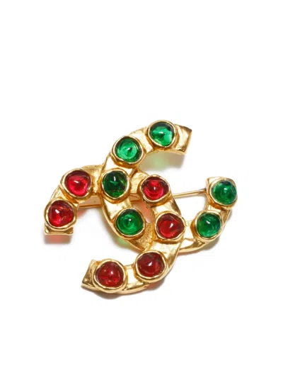 Pre-owned Chanel 1980s Stone-embellished Cc Brooch In Gold