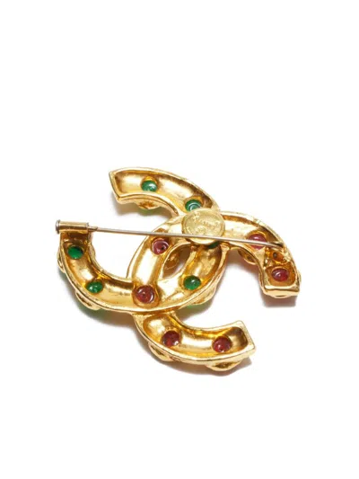 Pre-owned Chanel 1980s Stone-embellished Cc Brooch In Gold