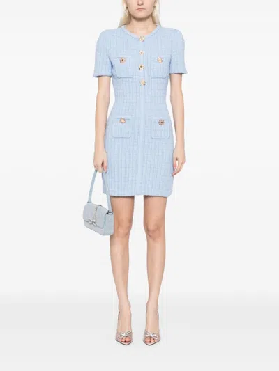 Shop Self-portrait Jewel-button Knitted Mini Dress In Blue