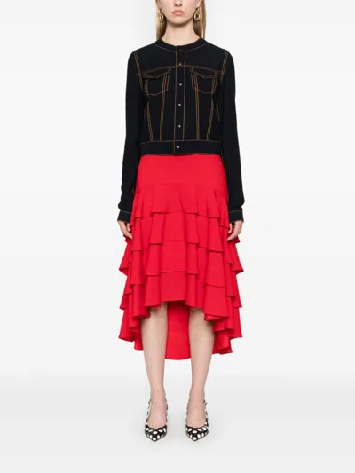 Shop Moschino Ruffled Midi Skirt In Red