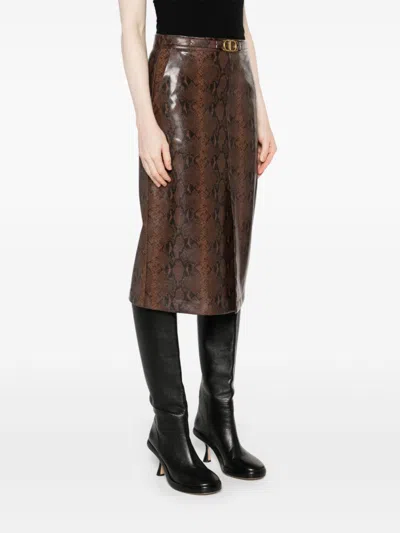 Twinset Lizard-skin Effect Midi Skirt In Brown