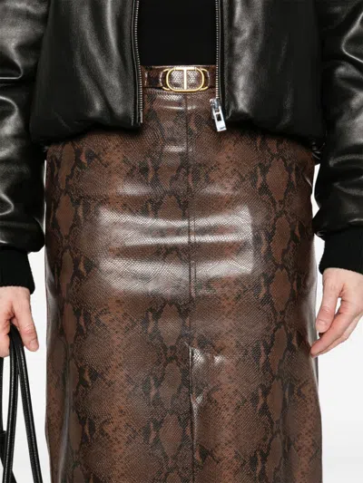 Twinset Lizard-skin Effect Midi Skirt In Brown