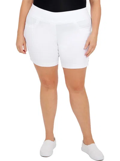 Hearts Of Palm Plus Size Essentials Solid Color Tech Stretch Shorts With Elastic Waistband In White