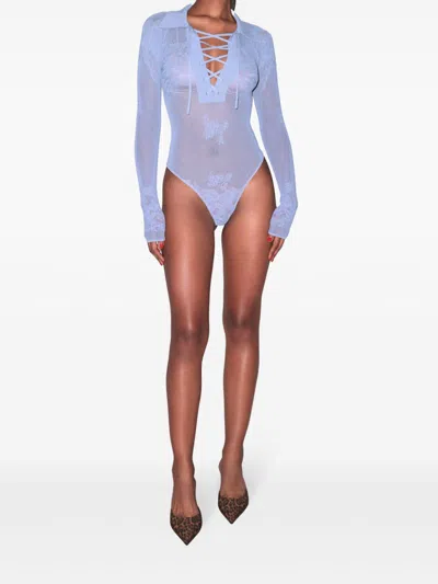 Fleur Du Mal Pointelle Long Sleeve Bodysuit In Blue