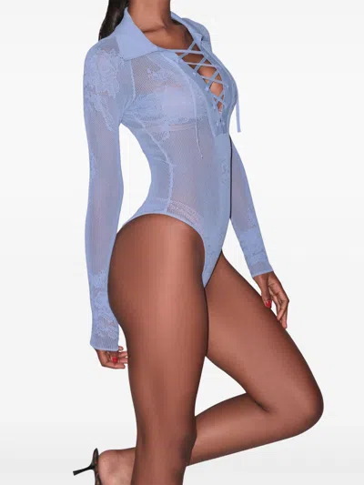 Fleur Du Mal Pointelle Long Sleeve Bodysuit In Blue
