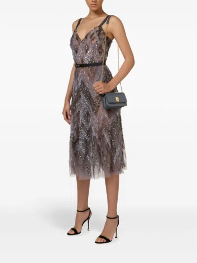 Elisabetta Franchi Sequined Chevron Midi Dress In Neutrals