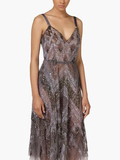 Elisabetta Franchi Sequined Chevron Midi Dress In Neutrals