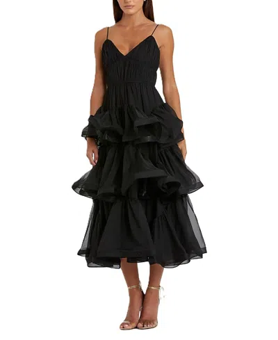 Mac Duggal V Neck Tiered Ruffle Midi Dress In Black
