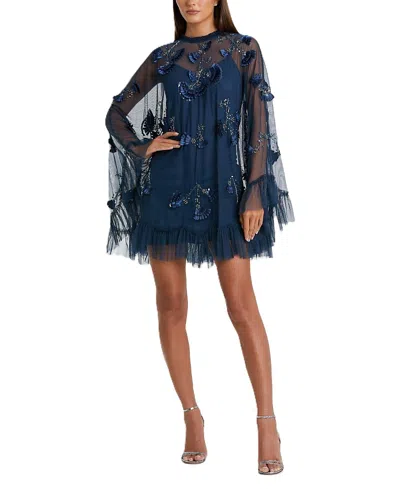 Mac Duggal Long Sleeve Floral Embellished Trapeze Cocktail Dress In Twilight