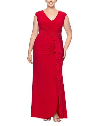 Betsy & Adam Plus V Neck Cascade Ruffle Gown In Red
