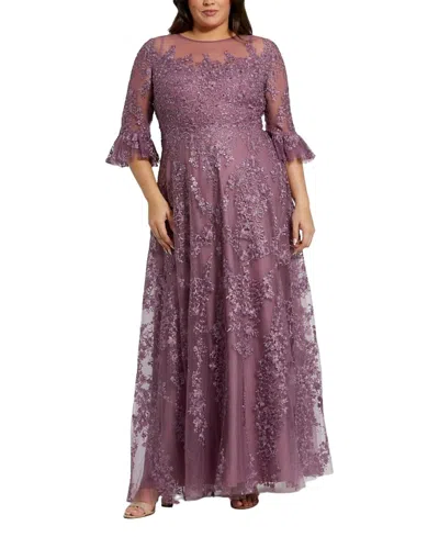 Mac Duggal High Neck Flutter Sleeve Embroidered A Line Gown In Vintage Lilac