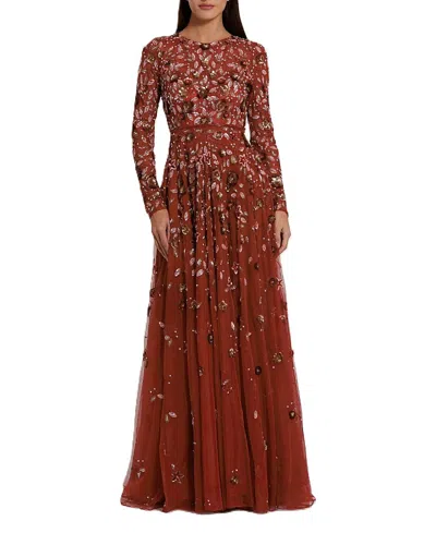 Mac Duggal Embellished High Neck Long Sleeve A-line Gown In Cinnamon