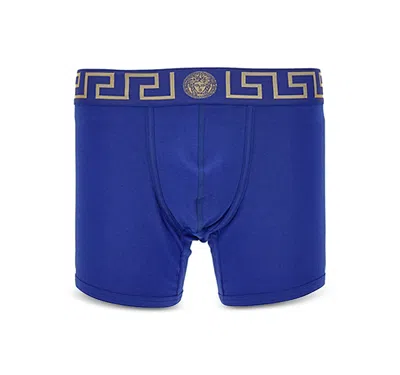 Versace Iconic Low-rise Stretch-cotton Trunks In Bluette-gold