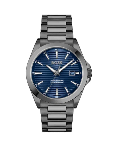 Hugo Boss Men's Strike Quartz Basic Calendar Ionic Plated Grey Steel Watch 41mm In Blue/gray