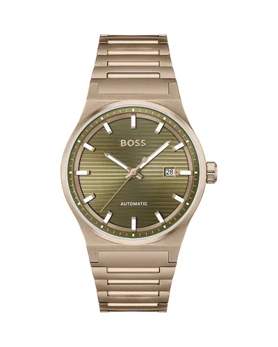 Hugo Boss Men's Candor Auto Mech-automatic Ionic Plated Beige Gold Steel Watch 41mm In Green/beige