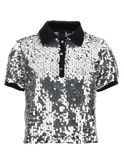 Shop Pinko Pupazzo Sequin Embellished Short-sleeved Polo Top In Silver