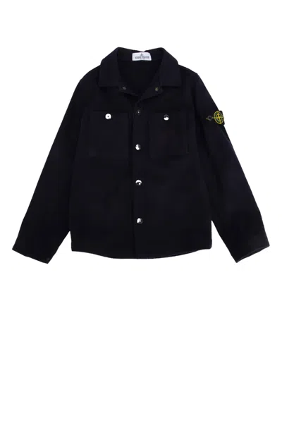 Stone Island Blue Shirt With Logo Patch In Wool Blend Boy In Navyblue