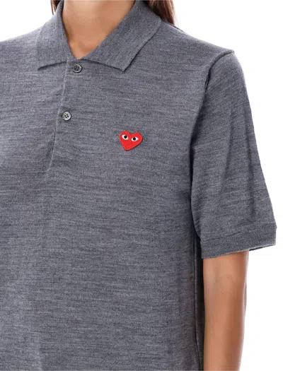 Shop Comme Des Garçons Play Red Heart Knit Polo Shirt In Grey