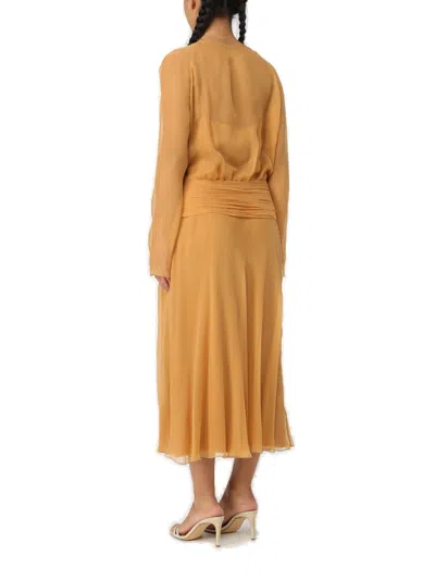 Shop Alberta Ferretti Draped Long-sleeved Midi Dress  In Brown