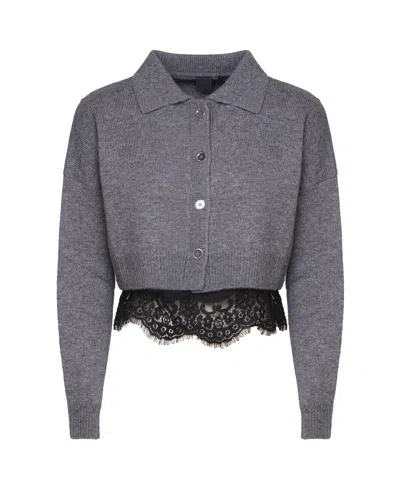 Shop Pinko Lace-detailed Knitted Polo Jumper In Grigio Nero