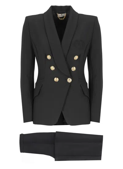 Shop Elisabetta Franchi Double Layer Stretch Crêpe Suit In Black