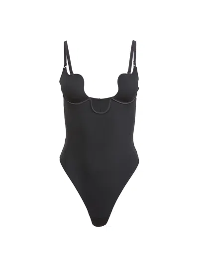 Fleur Du Mal Le Stretch Micro Seduce U-plunge Bodysuit In Black