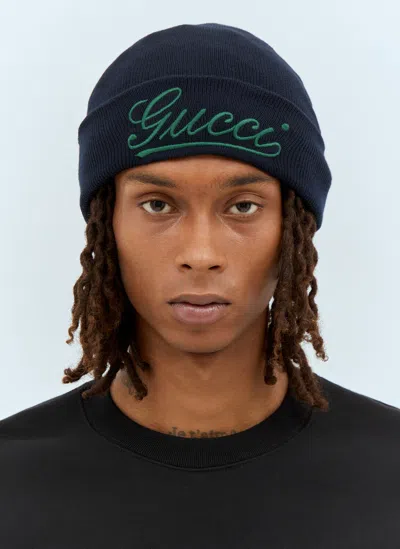 Gucci Dark Blue Wool Beanie Hat In Navy