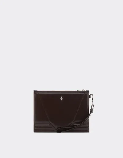 Ferrari Gt Pouch In Brushed Leather In Dark Brown