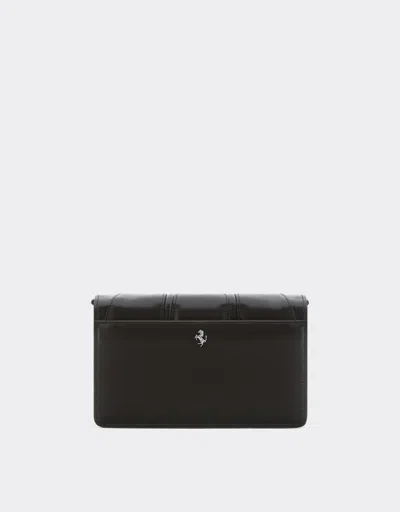 Ferrari Gt Brushed Leather Clutch Wallet With Chain In Dark Brown