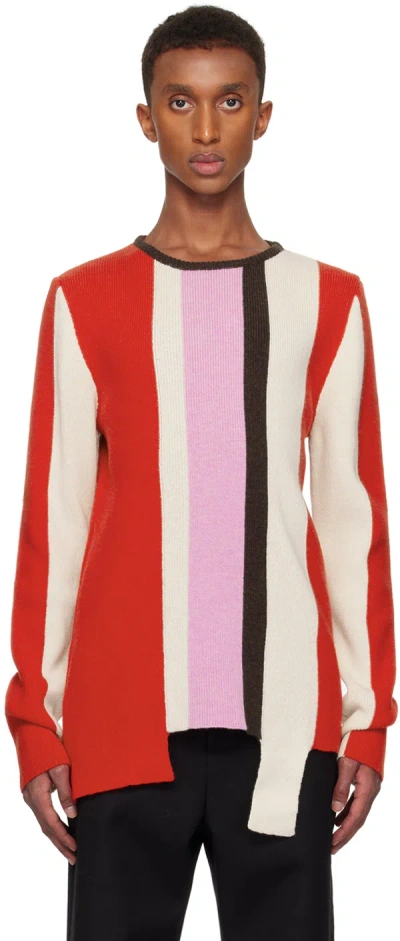 Shop Edward Cuming Multicolor Intarsia Vertical Stripe Sweater In Red/ Pink/ Crem/ Bro