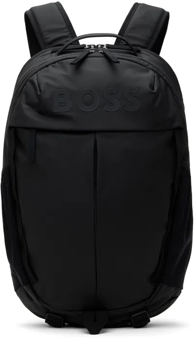 Shop Hugo Boss ブラック フェイクレザー ロゴディテール バックパック In 001-black