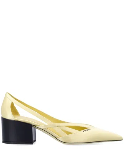 Prada Pastel Yellow Satin Pumps In Gold