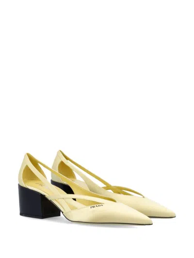 Prada Pastel Yellow Satin Pumps In Gold