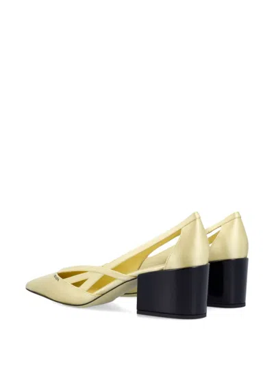Prada Pastel Yellow Satin Pumps In Gold