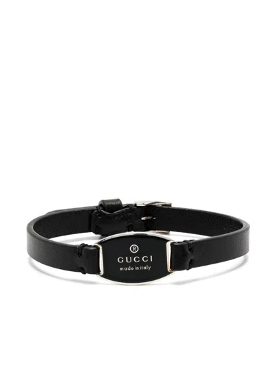 Gucci Sterling Silver Logo-plaque Bracelet In Schwarz