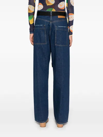 Plan C Belted Wide-leg Denim Trousers In Blau