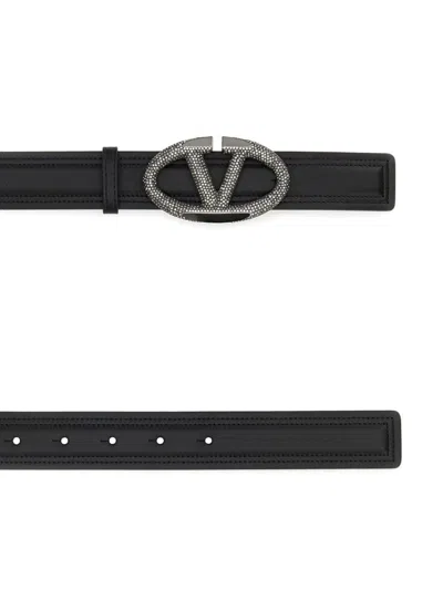 Valentino Leather Belt With Adjustable Length And Embellished Buckle In Schwarz