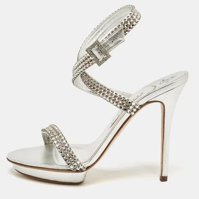 Pre-owned Gina Silver Leather Ankle Strap Sandals 39.5