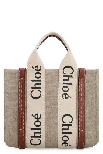 Shop Chloé Woody Linen Tote Bag In Beige