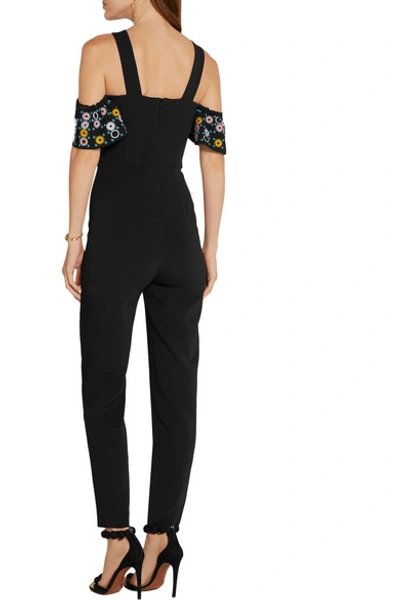 Shop Peter Pilotto Off-the-shoulder Embroidered Stretch-cady Jumpsuit