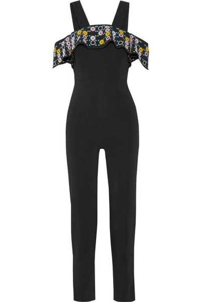 Shop Peter Pilotto Off-the-shoulder Embroidered Stretch-cady Jumpsuit