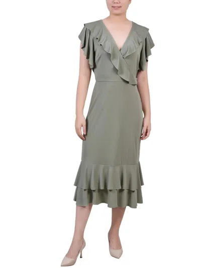 Ny Collection Petites Womens Ruffled A-line Midi Dress In Green