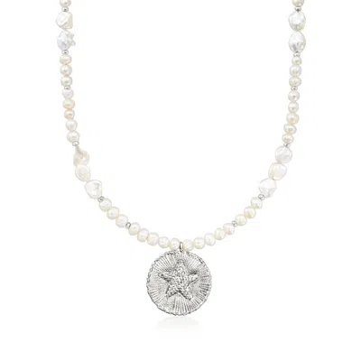 Ross-simons 4-8mm Keshi Pearl And 5.5-6.5mm Cultured Pearl Sand Dollar Necklace With Hematite Beads In Sterling  In Multi