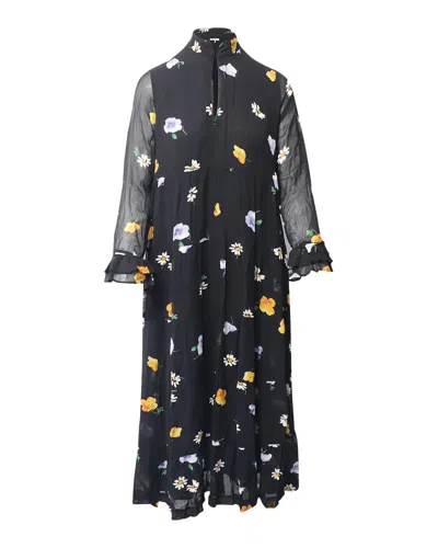 Ganni The Kate Tiered Midi Dress In Black Print Viscose In Black